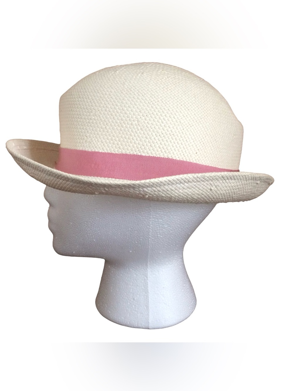 Eaton Cream Straw cloche-style/ Panama Hat with Pink Ribbon trim 21 1/2” - Picture 9 of 9